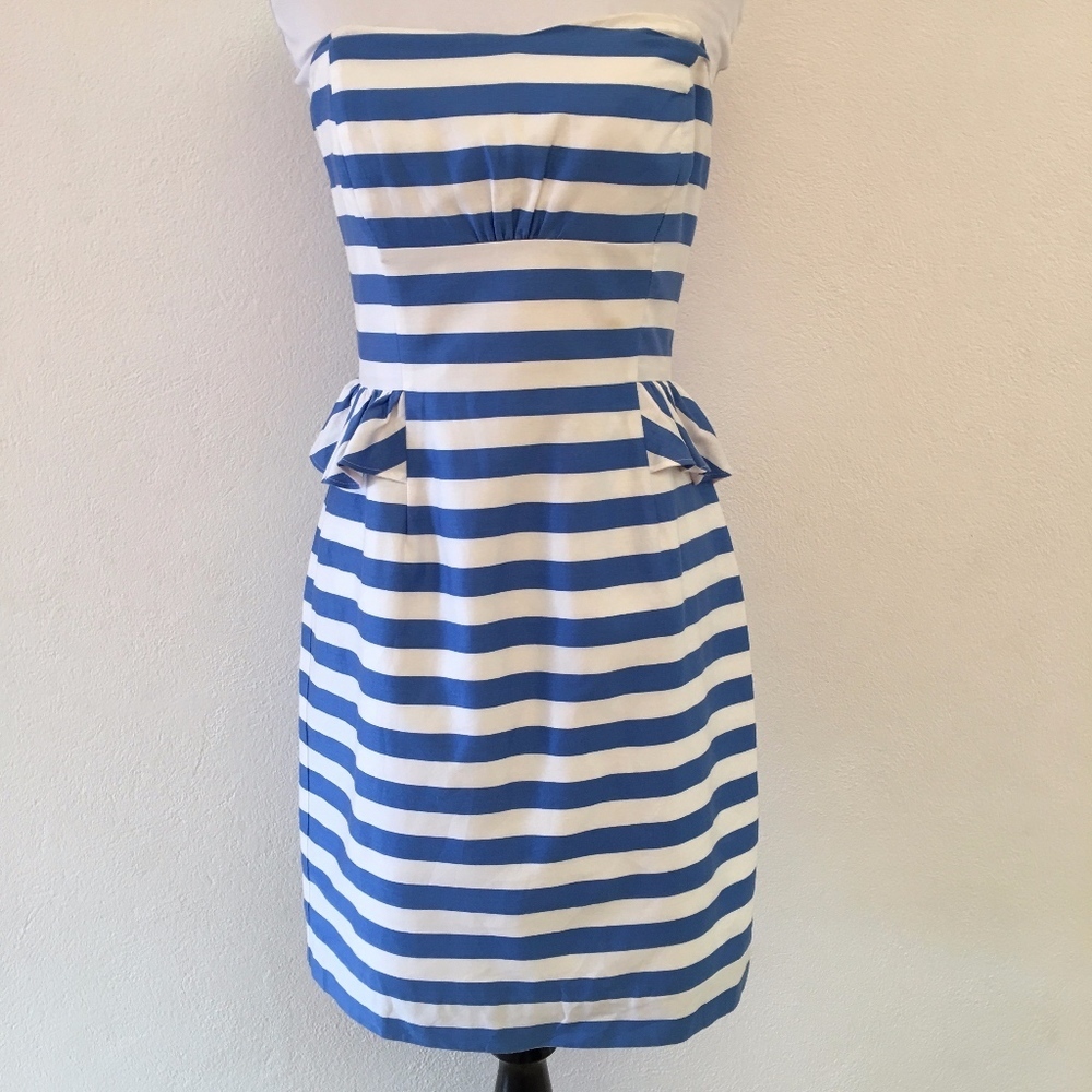 Lilly Pulitzer Blue White Strapless Peplum Dress 4